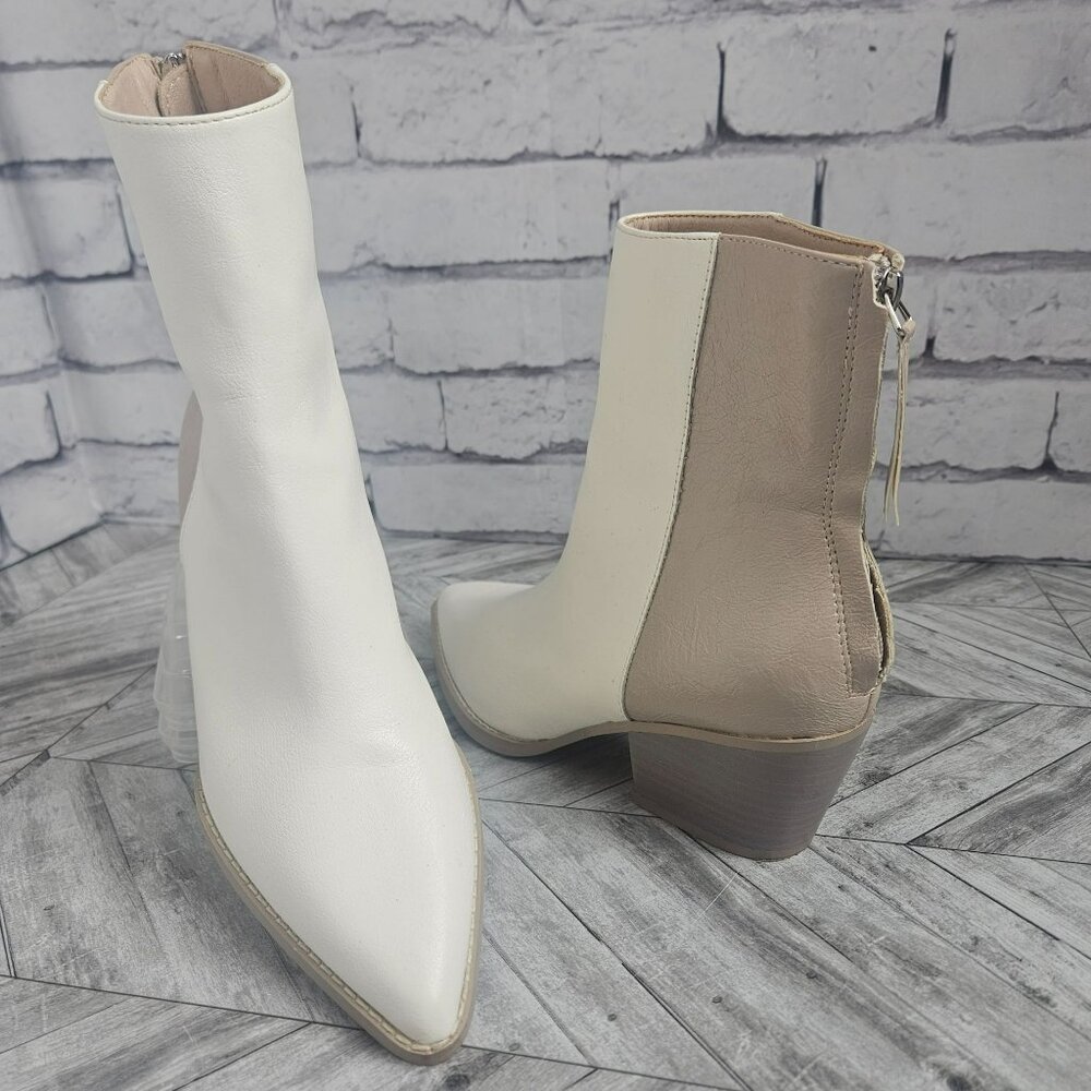 Pointed Toe Booties White Tan Ankle Boots Oaisis Society Womens 7 Block Heel
